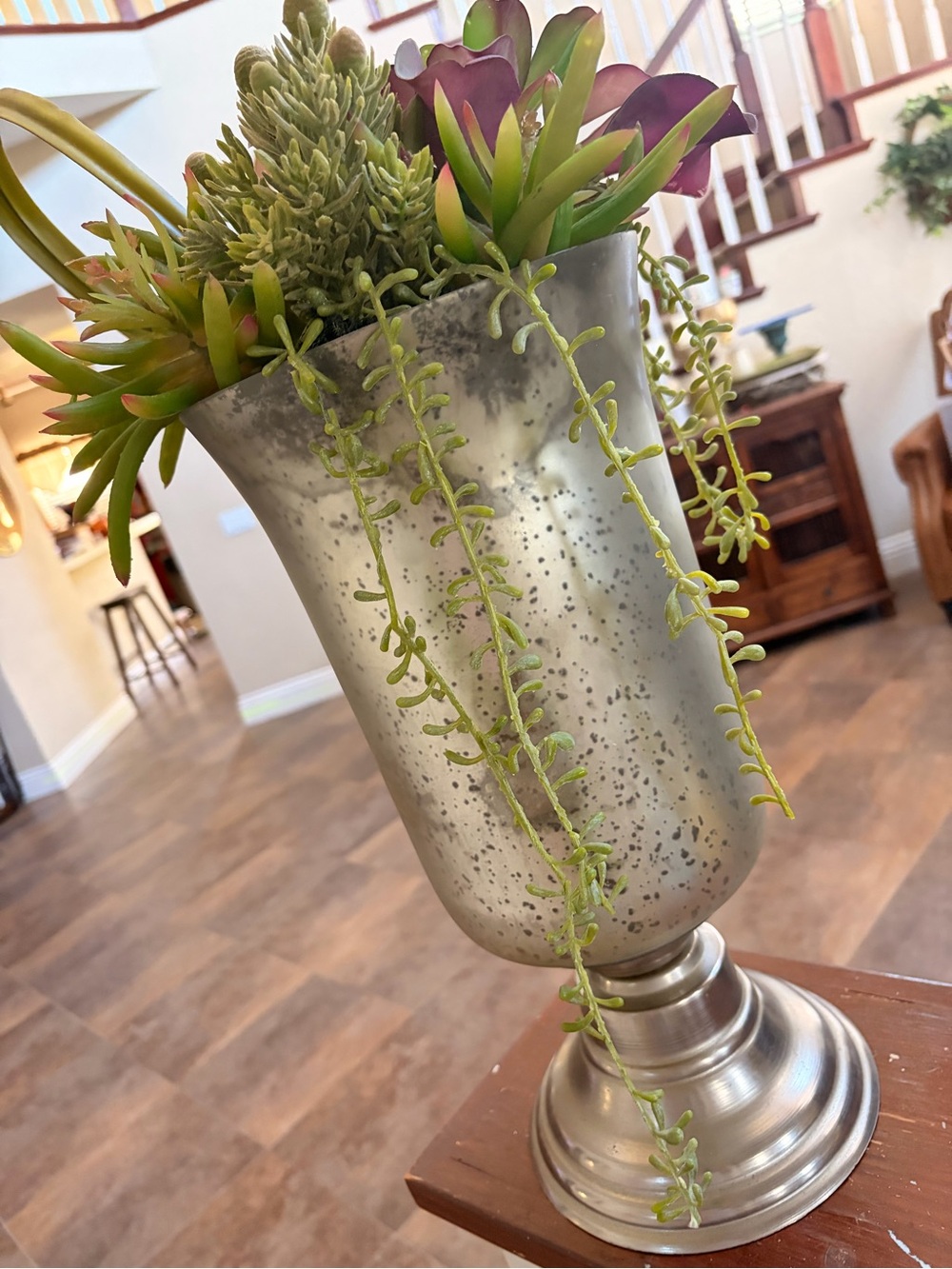 Metallic Silver Decorative Urn Vase with Green Succulent Accents
